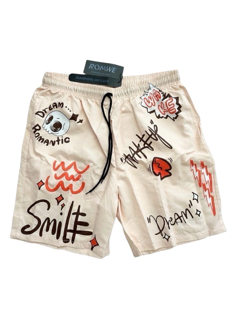 NWT ROMWE Men’s Streetwear Graffiti Graphic Shorts Cream Medium⁠